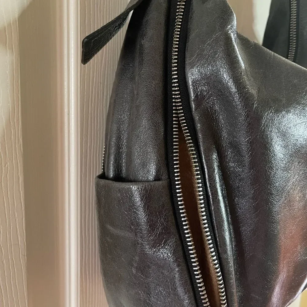 Arcadia gray Italian soft leather shoulder bag with extended silver tone…